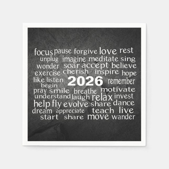 New Year 2026 Word Cloud On Black Rock Napkins (Front)