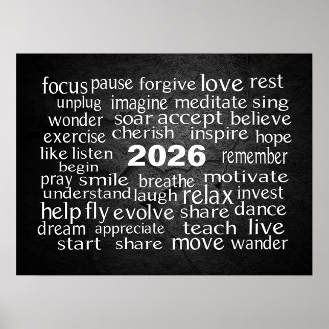 New Year 2026 Word Cloud On Black Rock Poster (Front)