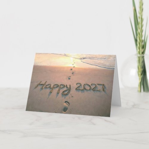 New Year 2027 Beach Footprints Holiday Card