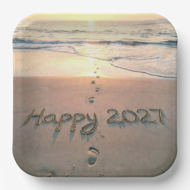 New Year 2027 Beach Footprints Paper Plates (Front)