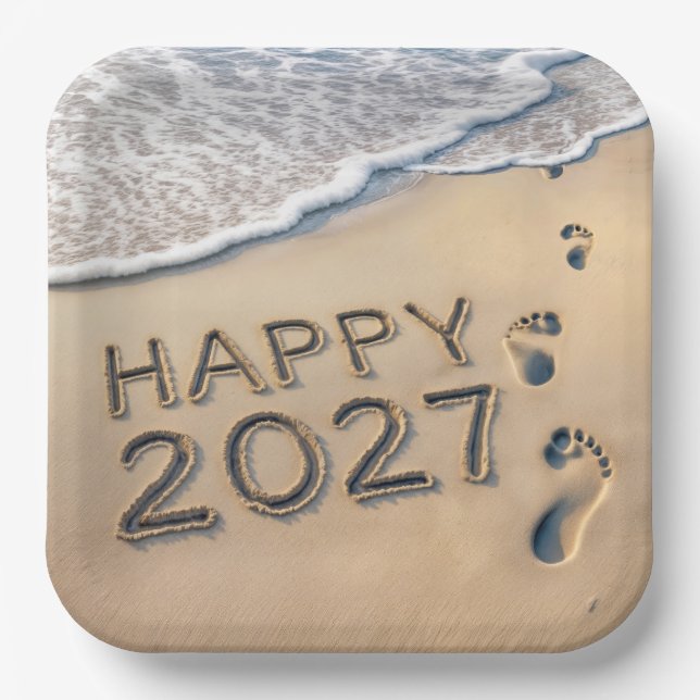 New Year 2027 Beach Footprints Paper Plates (Front)