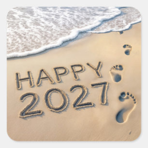 New Year 2027 Beach Footprints Square Sticker