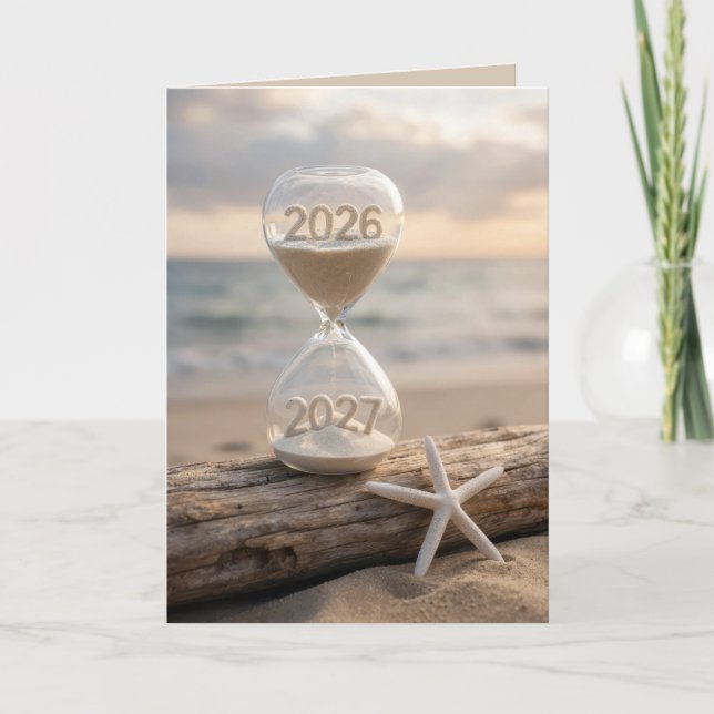 New Year 2027 Beach Hourglass Card (Front)