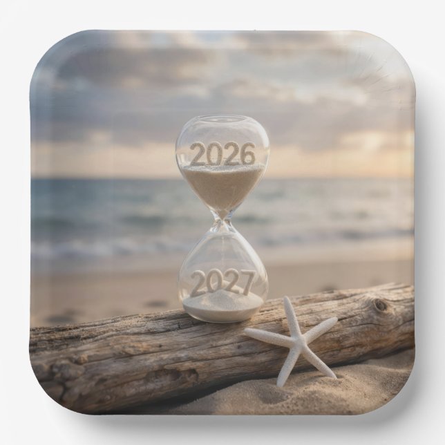 New Year 2027 Beach Hourglass Paper Plates (Front)