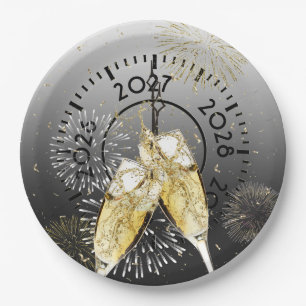 New Year 2027 Champagne Toast and Fireworks Paper Plates
