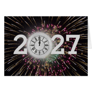 New Year 2027 Fireworks and Moon Clock Cards