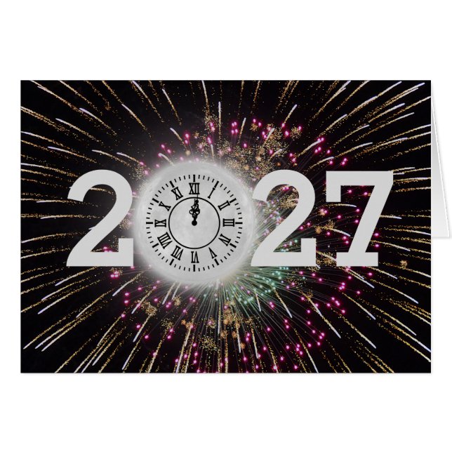 New Year 2027 Fireworks and Moon Clock Cards (Front Horizontal)