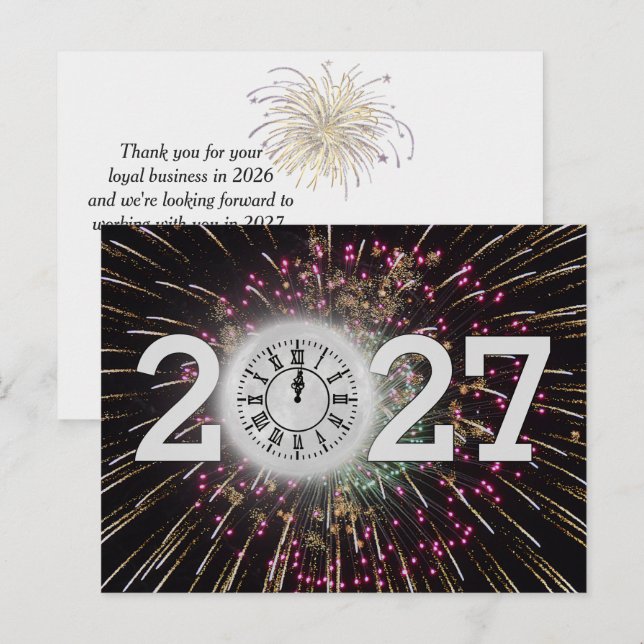 New Year 2027 Fireworks and Moon Clock Postcard (Front/Back)