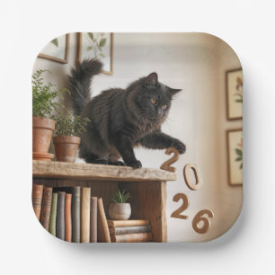 New Year 2027 Playful Cat Paper Plates