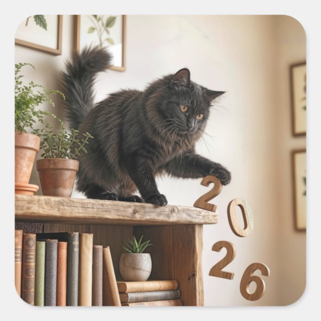 New Year 2027 Playful Cat Square Sticker (Front)