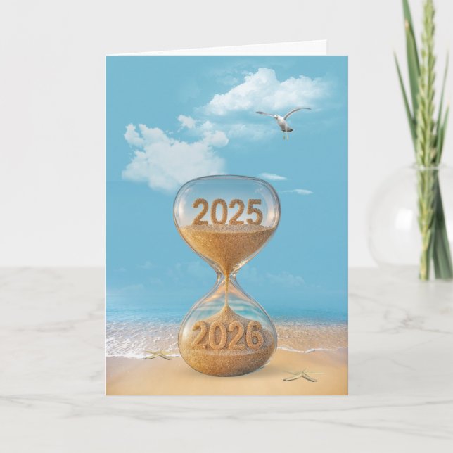 New Year 2027 Sand Timer On the Beach Holiday Card (Front)