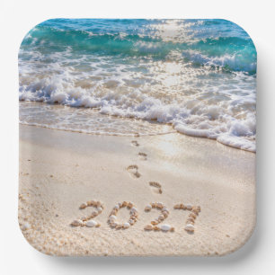 New Year 2027 Seashells on a Beach Paper Plates