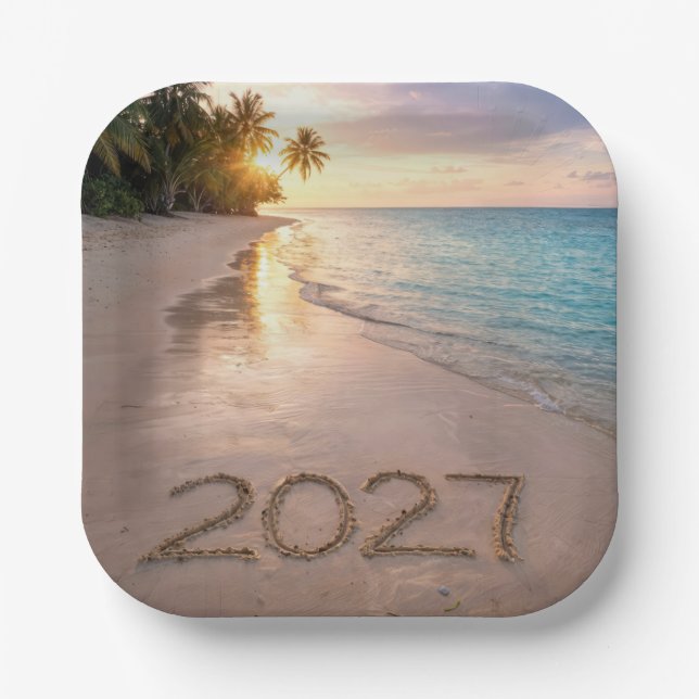 New Year 2027 Tropical Beach Paper Plates (Front)