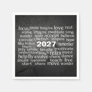 New Year 2027 Word Cloud On Black Rock Napkins