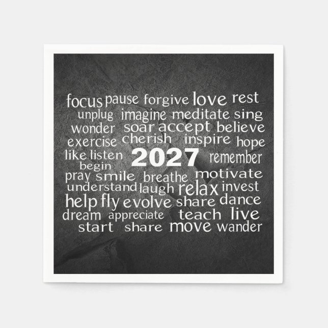 New Year 2027 Word Cloud On Black Rock Napkins (Front)