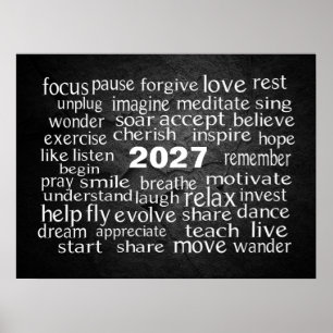 New Year 2027 Word Cloud On Black Rock Poster