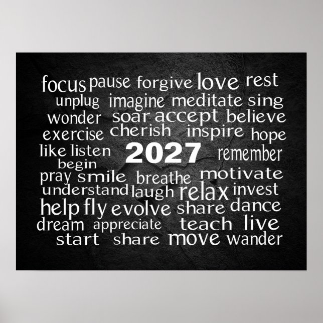 New Year 2027 Word Cloud On Black Rock Poster (Front)