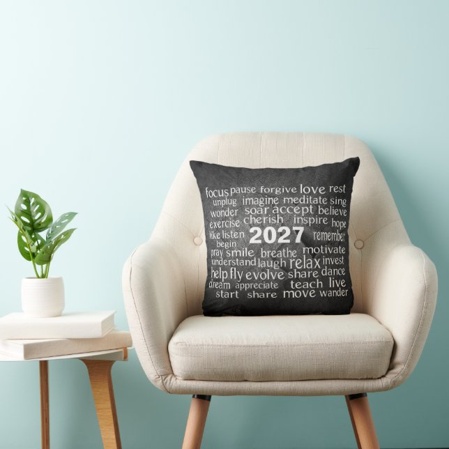 New Year 2027 Word Cloud On Black Rock Throw Pillow (Chair)