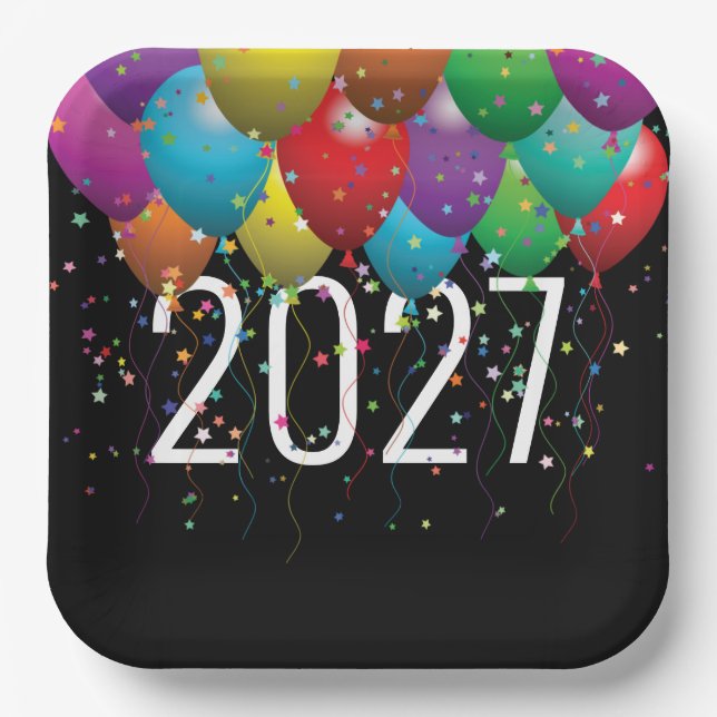 New Year 2027Party Balloons Paper Plates (Front)