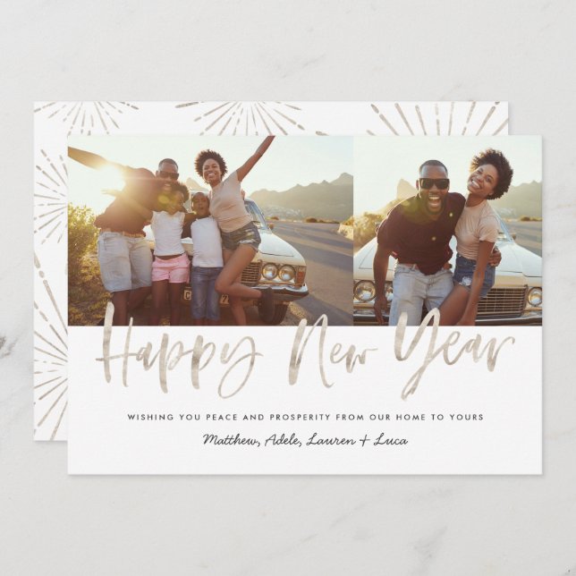 New year 2 photo modern silver script elegant holiday card (Front/Back)