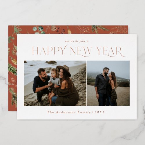 New year 2 photo terracotta botanical floral foil holiday card