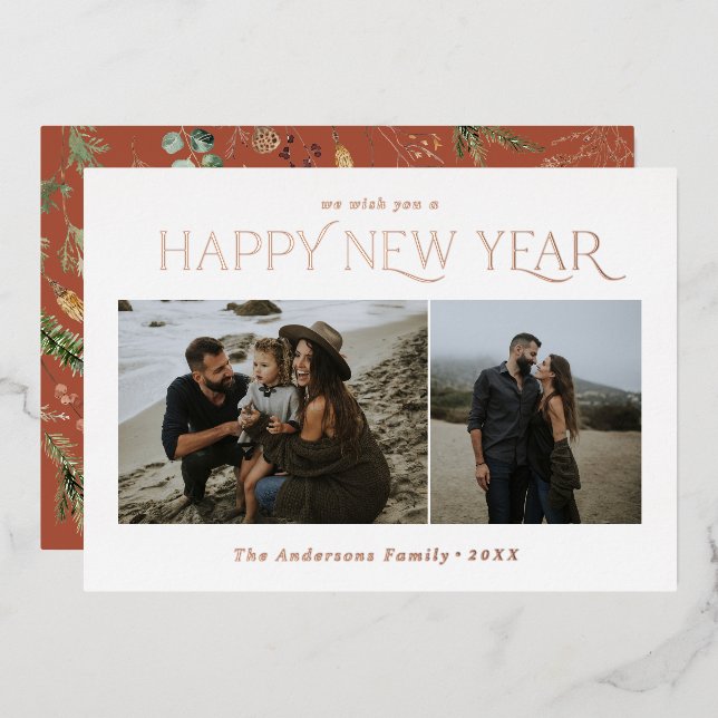 New year 2 photo terracotta botanical floral foil holiday card (Front/Back)