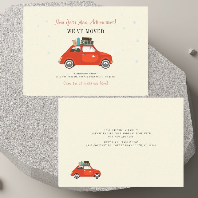 New Year Adventures New Address Red Car Moving Note Card (New Year Adventures New Address Red Car Moving Note Card)
