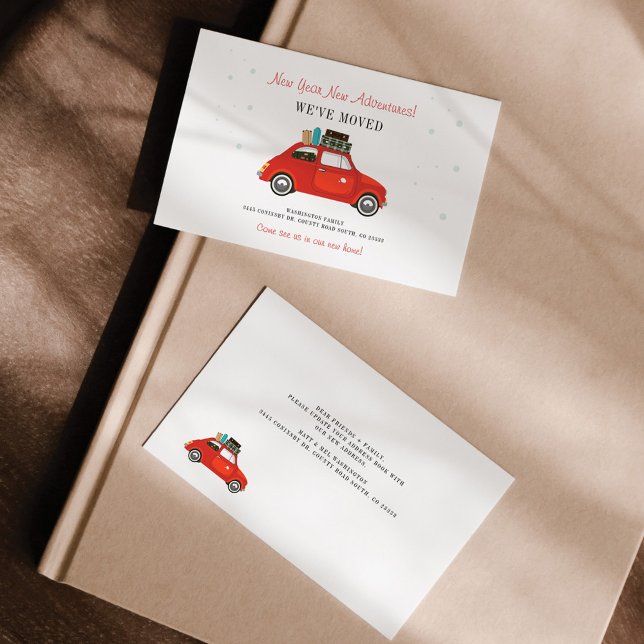 New Year Adventures New Address Red Car Moving Note Card (Creator Uploaded)