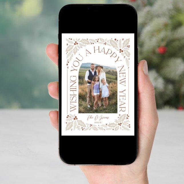 New Year Arch Berry Neutral 3 Photo Collage Holiday Card (Front Digital)
