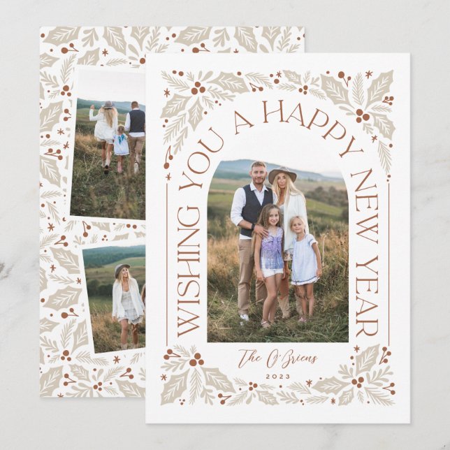 New Year Arch Berry Neutral 3 Photo Collage Holiday Card (Front/Back)