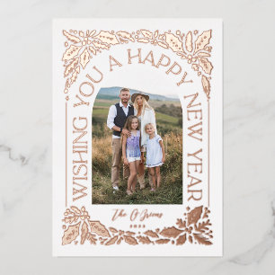 New Year Arch Holly Berry 3 Photo Collage Foil Holiday Card