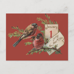 New Year Birds Antique Holiday Card