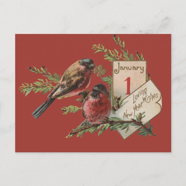New Year Birds Antique Holiday Card (Front)