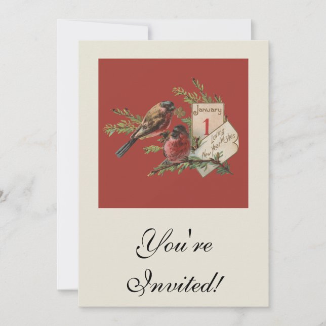 New Year Birds Antique Holiday Card (Front)