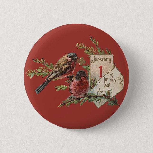 New Year Birds Antique Holiday Card Button (Front)