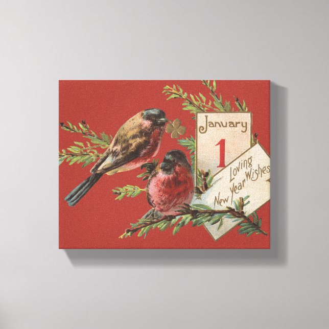 New Year Birds Antique Holiday Card Canvas Print (Front)