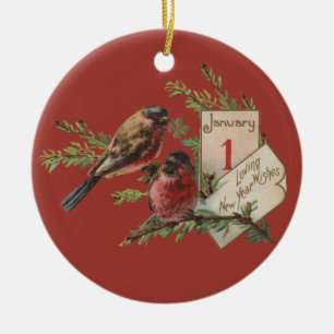 New Year Birds Antique Holiday Card Ceramic Ornament