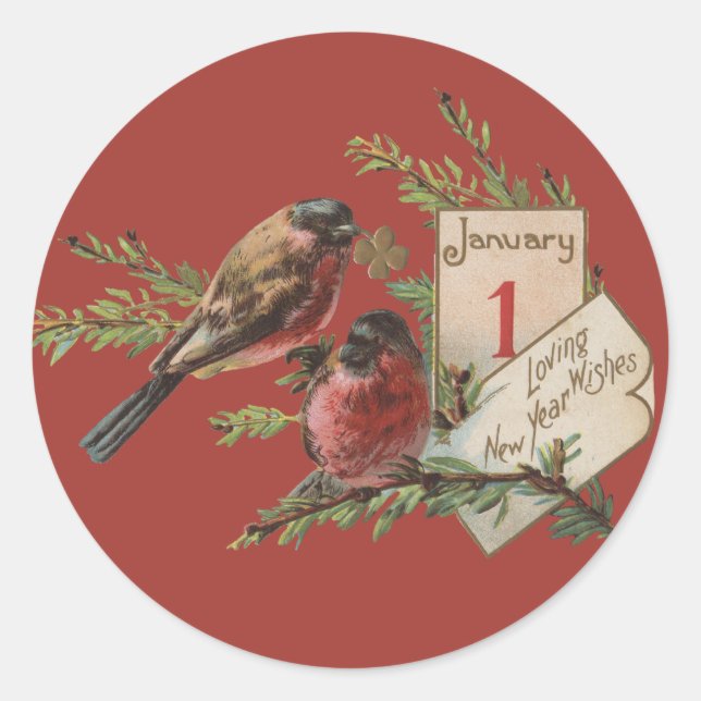 New Year Birds Antique Holiday Card Classic Round Sticker (Front)