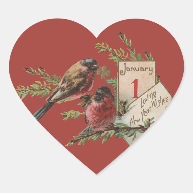New Year Birds Antique Holiday Card Heart Sticker (Front)
