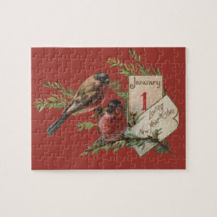New Year Birds Antique Holiday Card Jigsaw Puzzle