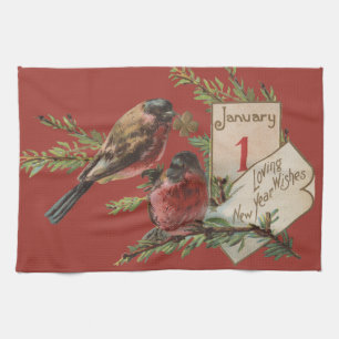New Year Birds Antique Holiday Card Towel