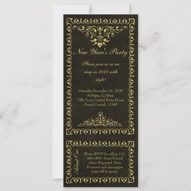 New Year Black and Gold Vintage Ticket Invitations (Front)