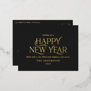New year black elegant minimal modern traditional foil holiday postcard