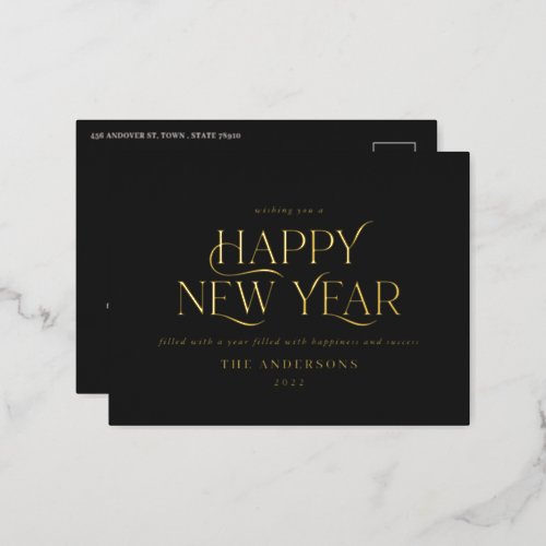 New year black elegant minimal modern traditional foil holiday postcard