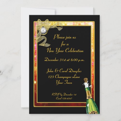 New Year Black Gold Champagne Invitation