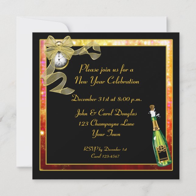 New Year Black Gold Champagne Invitation (Front)