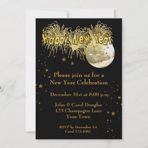 New Year Black Gold Fireworks Invitation