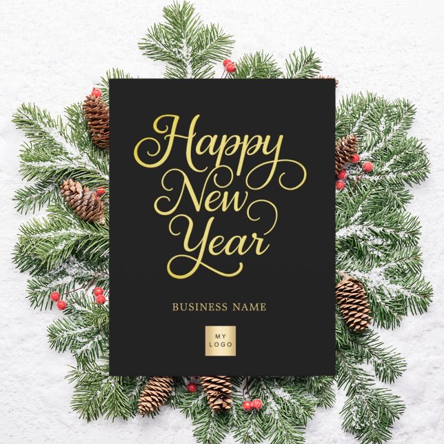 New Year black gold script business logo Holiday Postcard (Creator Uploaded)