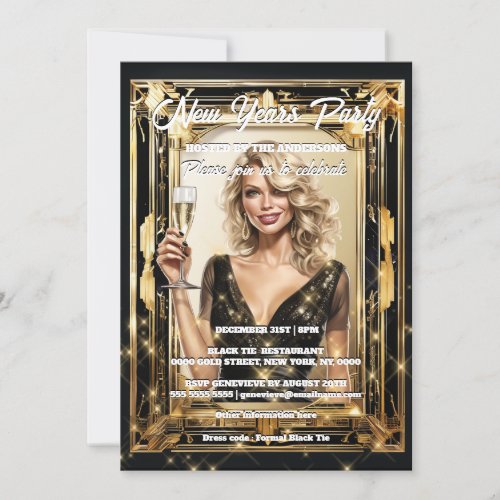 New Year black gold singles party elegant woman Invitation