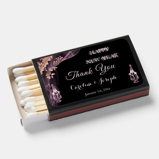 New Year Black Rose Gold Champagne Thank You  Matchboxes (Front Open)